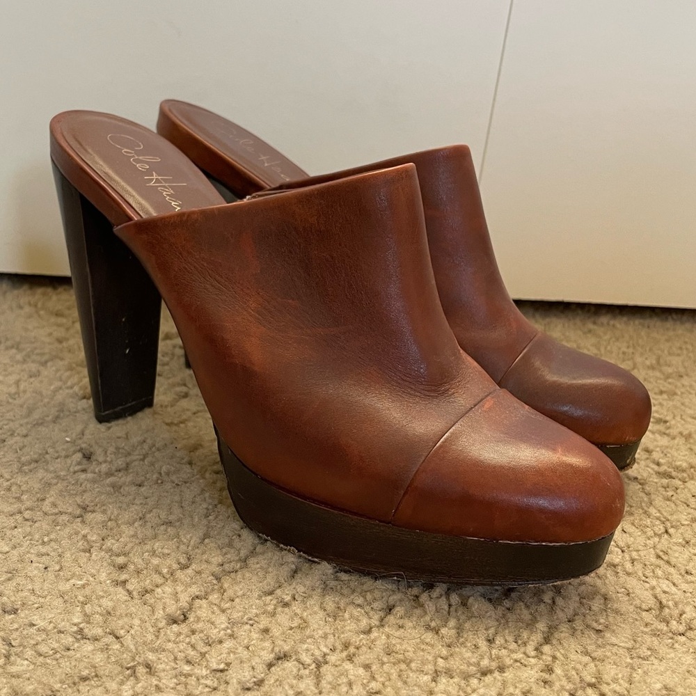 Brown Leather Heeled Mules - Size 9